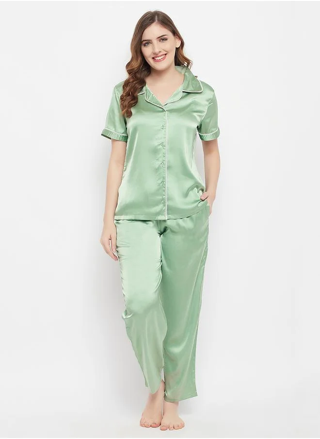 Clovia Satin Button Down Shirt & Pyjama Set by Styli