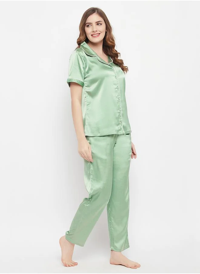 Clovia Satin Button Down Shirt & Pyjama Set by Styli