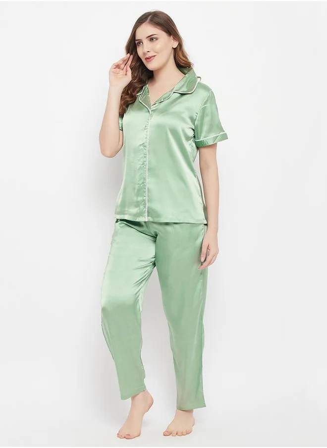 Clovia Satin Button Down Shirt & Pyjama Set by Styli