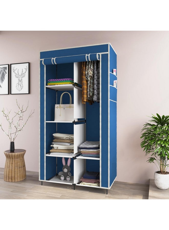 Whitecloud TRANSFORMING HOMES Whitecloud TRANSFORMING HOMES® 4+2 Layer Collapsible Wardrobe for Clothes with 6 Shelves, 2 Side Pocket and 2 Hanger (Non Woven Febric and Metal Rod, 76x38x145cm)(Blue,7700-1)  - Image 1