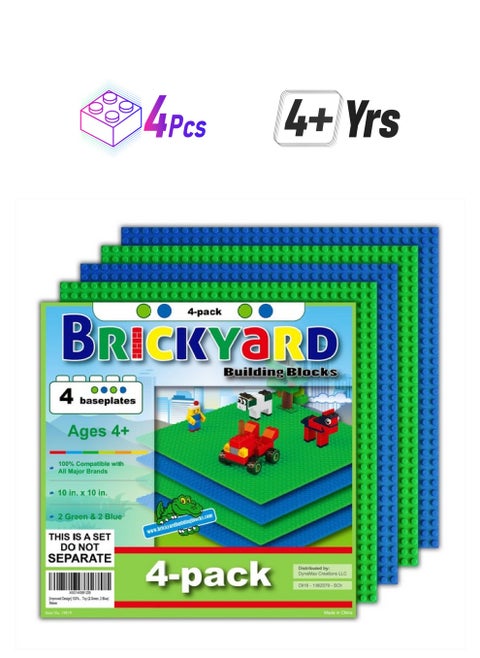 Lego Compatible Baseplate Pack Of 4 Large 10 X 10 Inch Base Plates For Toy Bricks Stem Activities & Display Table Green Blue