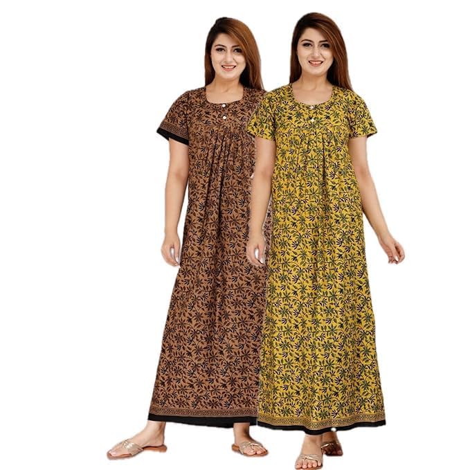 YUKATA Nighty for Women Cotton Printed Maxi Gown Ankle Length Nighty Night Dress Gown for Women Maxi - Free Size (Pack of 2) (Free Size, Brown&Musterd) - Image 1