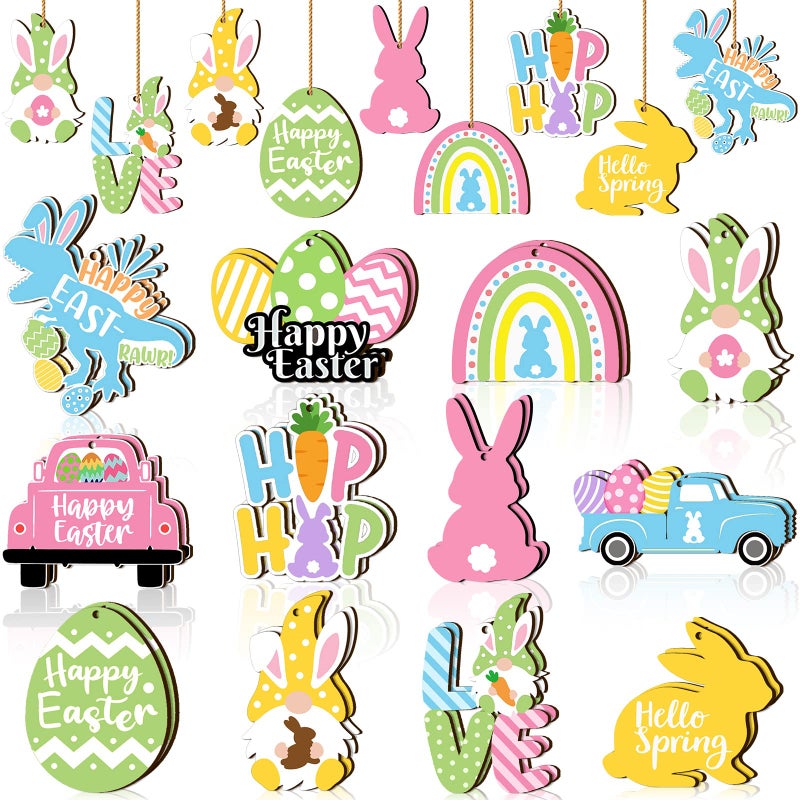 Marsui 24 Pcs Easter Ornaments for Tree Happy Easter Wooden Hanging Ornaments Egg Bunny Spring Tree Decorations Gnome Chick Wood Slices Pendant with Rope for Home Spring Party DecorTruck