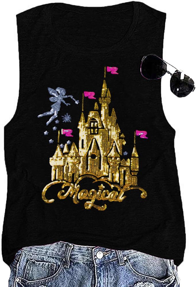 LUKYCILD Magical Castle Tank Top Women: Magic Kingdom Shirts Cute Graphic Holiday Vest Summer Vacation Sleeveless Shirt Black - Image 1