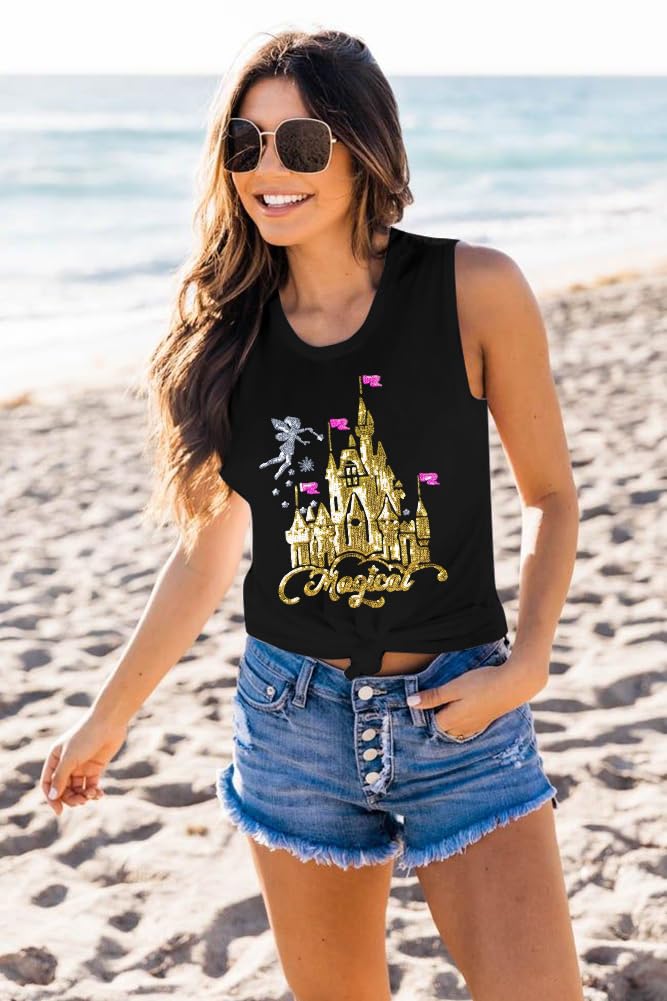 LUKYCILD Magical Castle Tank Top Women: Magic Kingdom Shirts Cute Graphic Holiday Vest Summer Vacation Sleeveless Shirt Black - Image 4