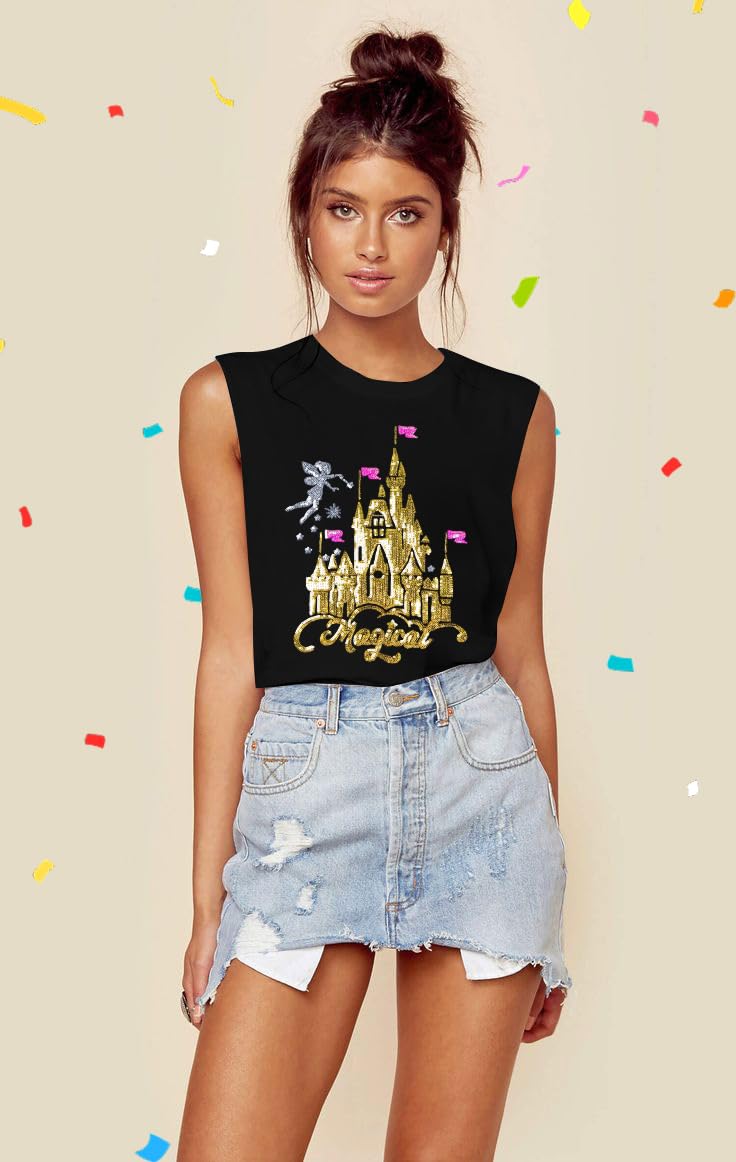 LUKYCILD Magical Castle Tank Top Women: Magic Kingdom Shirts Cute Graphic Holiday Vest Summer Vacation Sleeveless Shirt Black - Image 2