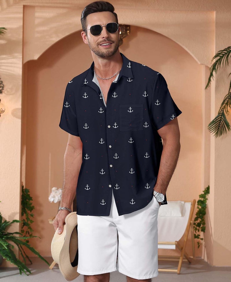 KYKU Hawaiian Shirt for Men Button Up Tee Shirts Summer, Anchor Blue, XX-Large - Image 2