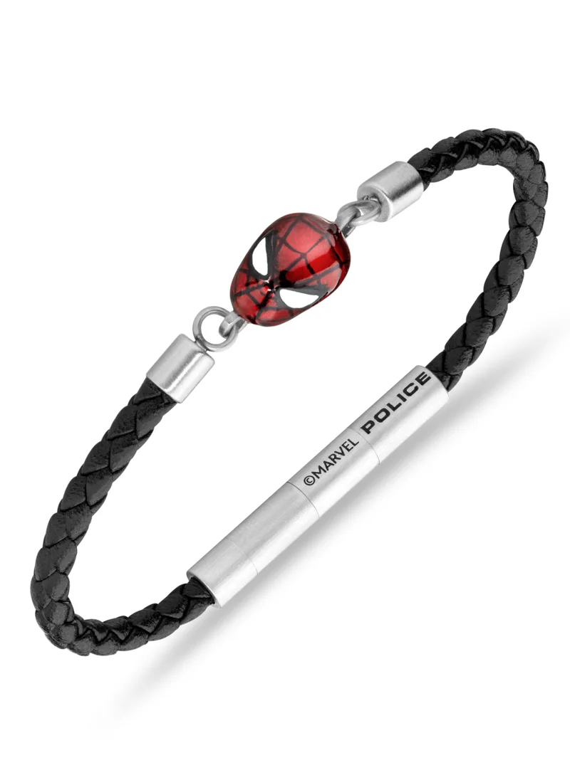 POLICE Web Slinger BraceletBlack Leather with Iconic Red Spider-Man Mask and Magnetic ClosureBold Men's Style
