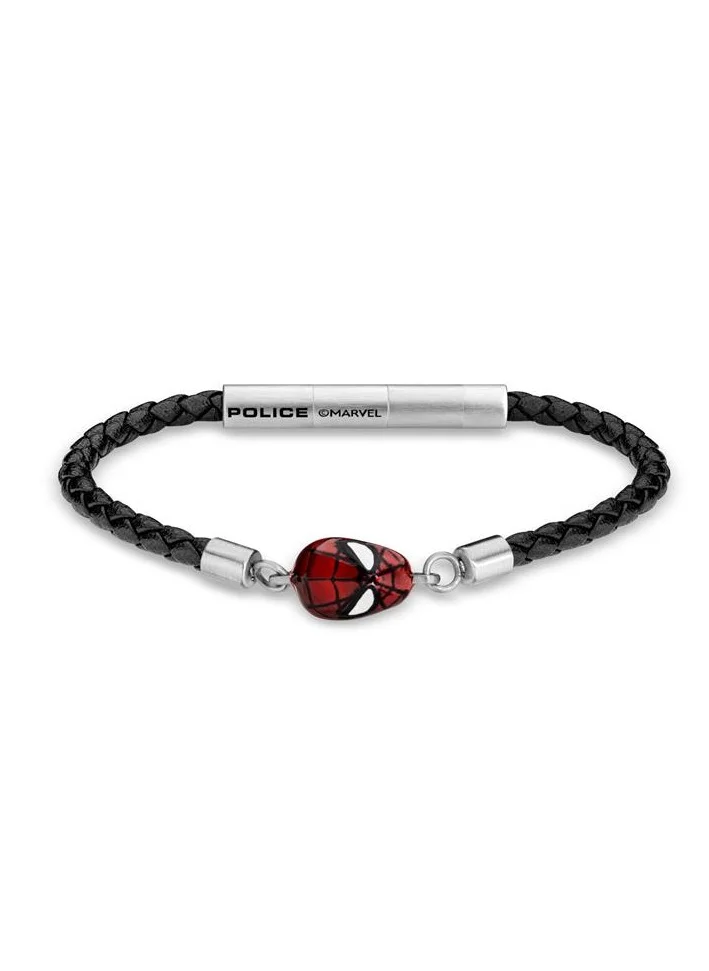 POLICE Web Slinger BraceletBlack Leather with Iconic Red Spider-Man Mask and Magnetic ClosureBold Men's Style