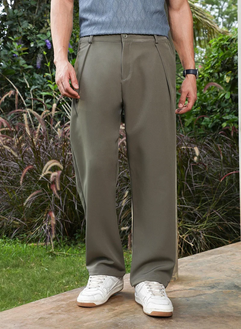 Campus Sutra Lightweight - Olive Green Pleated Straight-Fit Trousers