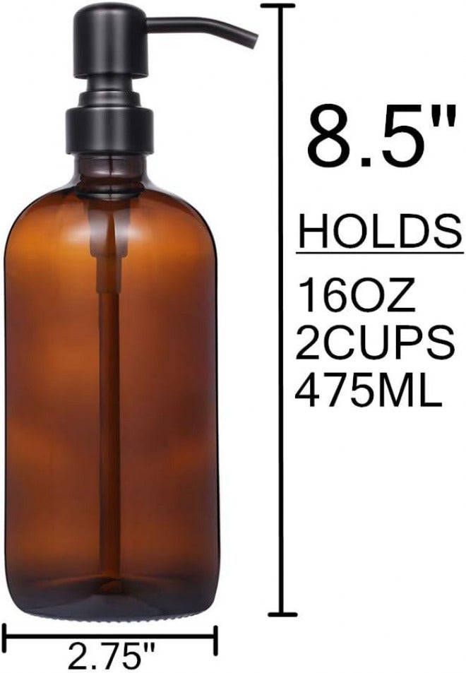 CHBJDAN 2 Pack Thick Amber Glass Pint Jar Soap Dispenser with Matte Black Stainless Steel Pump, 16ounce Boston Round Bottles Dispenser with Rustproof Pump for Essential Oil, Lotion Soap - Image 4