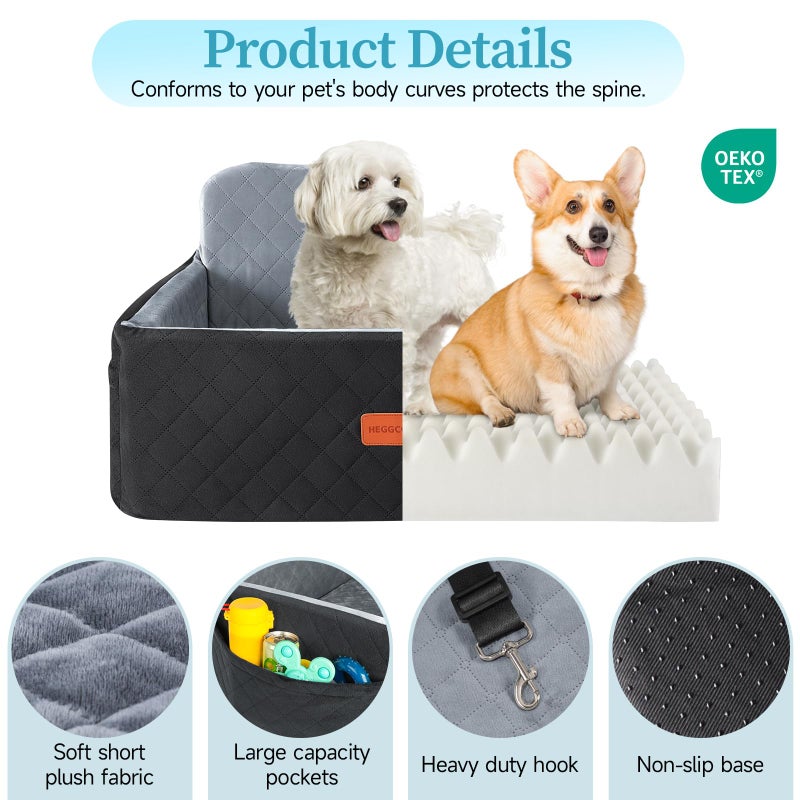 HEGGCOOE Dog Car Seat for Medium/Large Dogs, Pet Booster Seat for Under 55 lbs or 2 Small Dogs, Detachable & Washable Dog Car Bed for Backseat with 2 Safety Leashes (Black/Grey) - Image 4