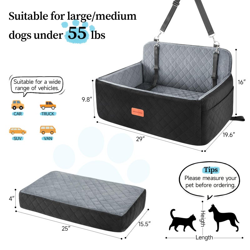 HEGGCOOE Dog Car Seat for Medium/Large Dogs, Pet Booster Seat for Under 55 lbs or 2 Small Dogs, Detachable & Washable Dog Car Bed for Backseat with 2 Safety Leashes (Black/Grey) - Image 3
