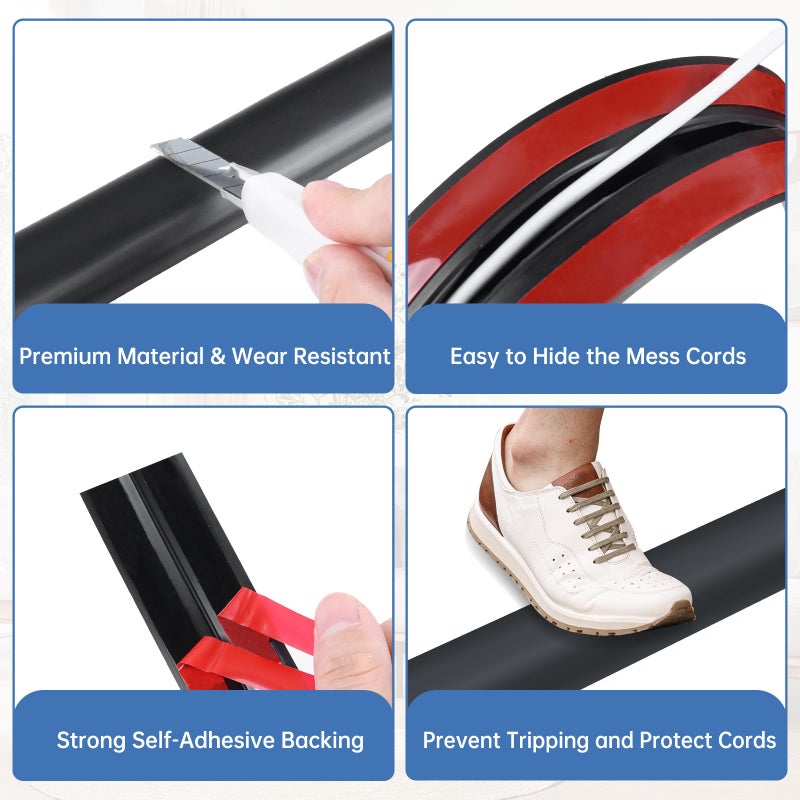 LSGCQ Floor Cord Cover Self Adhesive Cord Hider Floor Extension Cord Covers for Floor Power Cord Protector Cable Management Prevent Cable Trips Cable Cavity 0.47" W x 0.27" H (Black, 3.3Ft) - Image 3