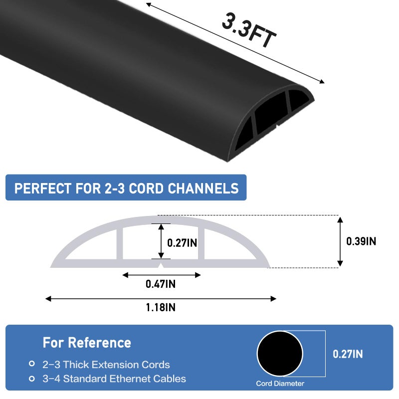 LSGCQ Floor Cord Cover Self Adhesive Cord Hider Floor Extension Cord Covers for Floor Power Cord Protector Cable Management Prevent Cable Trips Cable Cavity 0.47" W x 0.27" H (Black, 3.3Ft) - Image 2