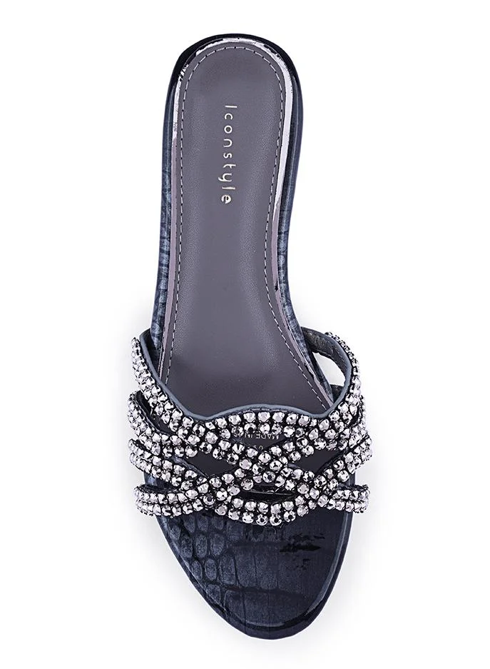 IconStyle Grey Croc-Embossed Flat Mules for Women | Best Price UAE