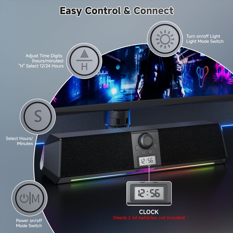 SOULION سماعات كمبيوتر بلوتوث SOULION R80، سماعات PC قابلة للتوصيل والتشغيل عبر USB مع شاشة عرض رقمية، صوت واضح مع شريط صوت مزود بأضواء LED ملونة لجهاز الكمبيوتر المكتبي واللابتوب (محول USB متضمن) - Image 4