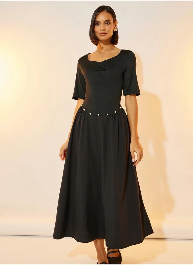 تايك تو Faux Pearl Detail Sweetheart Neck A-Line Midi Dress