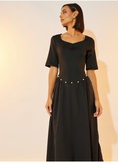 Take Two Faux Pearl Detail Sweetheart Neck A-Line Midi Dress  - Image 3