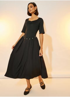 Take Two Faux Pearl Detail Sweetheart Neck A-Line Midi Dress  - Image 1