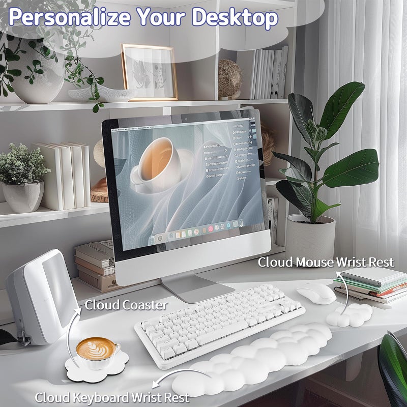 Sushret Cloud Wrist Rest Keyboard, Cloud Keyboard Wrist Pad Set with PU Leather Memory Foam, Cute Arm Rest for Palm Support, PC/Gaming Desk Accessories/Office Setup/Computer Hand Cushion - White - Image 2