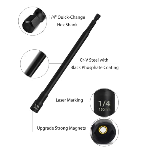 SeonFook 6PCS 6 Inch Long Magnetic Nut Driver Set with 1/4" Hex Shank, SAE 1/4" and 5/16" Impact Power Nut Driver Drill Bit Cr-V Steel Black Manganese Phosphate Coating Impact Drill Driver Bits - Image 5