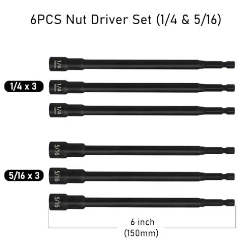 SeonFook 6PCS 6 Inch Long Magnetic Nut Driver Set with 1/4" Hex Shank, SAE 1/4" and 5/16" Impact Power Nut Driver Drill Bit Cr-V Steel Black Manganese Phosphate Coating Impact Drill Driver Bits - Image 2