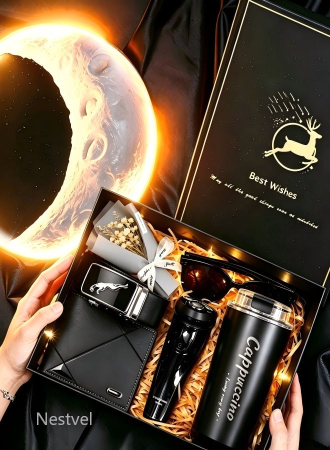 Nestvel Luxury Men's Gift Set ，Romantic Gift Box, Creative Men's Gift Basket Best Wishes Gift Box for Birthday, Anniversary, Father's Day, Valentine's Day,Ramadan( including Premium Black Leather Wallet, Sunglasses and Belt ) - Image 1