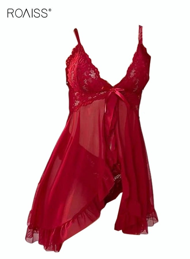 roaiss 2-Piece Lace Nightgown Set for Women's Daily Wedding Night Honeymoon Semi Transparent Hem Hot Lingerie - Image 1
