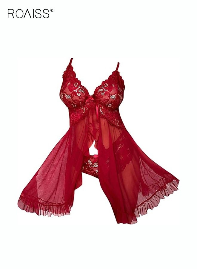 roaiss 2-Piece Lace Nightgown Set for Women's Daily Wedding Night Honeymoon Semi Transparent Hem Hot Lingerie - Image 3