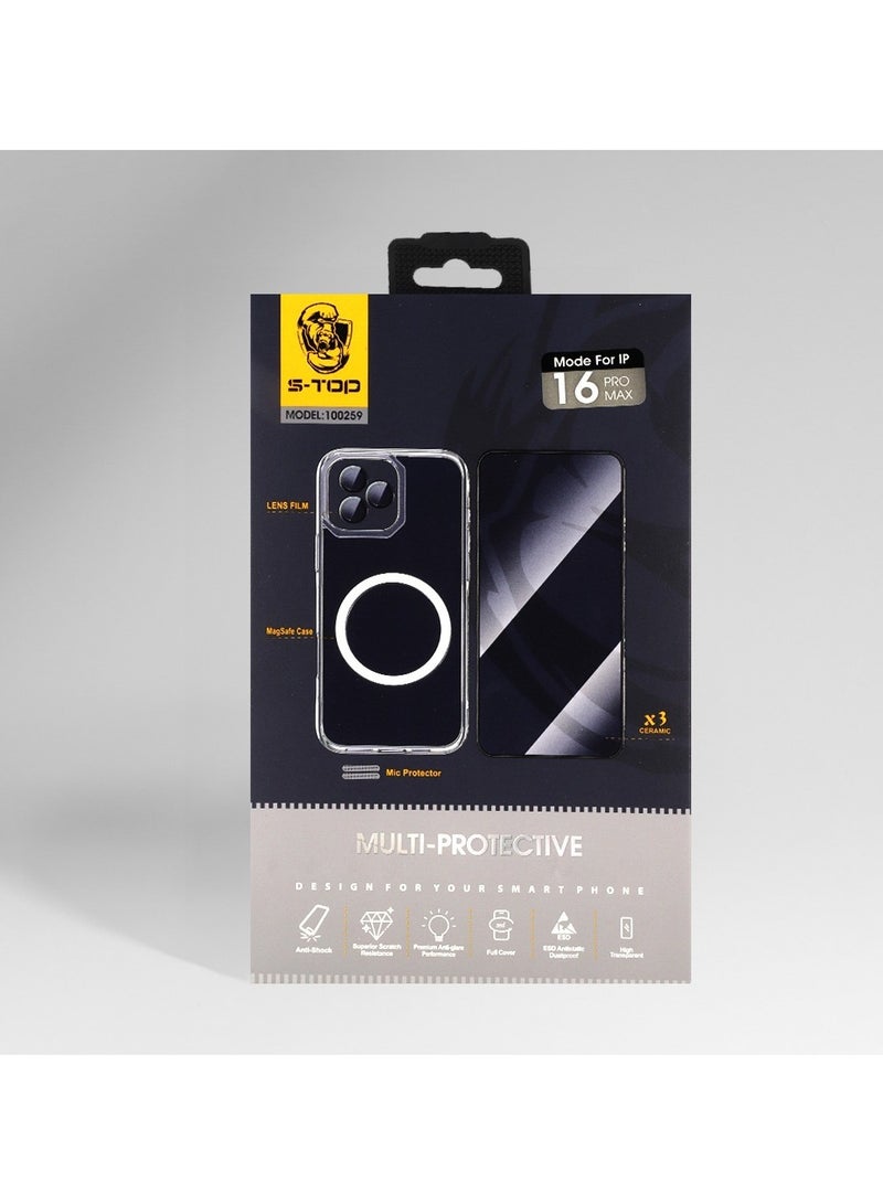 S-TOP New full protection package for iPhone 16 Pro Max with a case that supports wireless charging (MagSafe) and a grip with a wonderful and unique design for the case, complete protection for your device against scratches and falls (10 in 1), the original package from S-TOP - Image 1