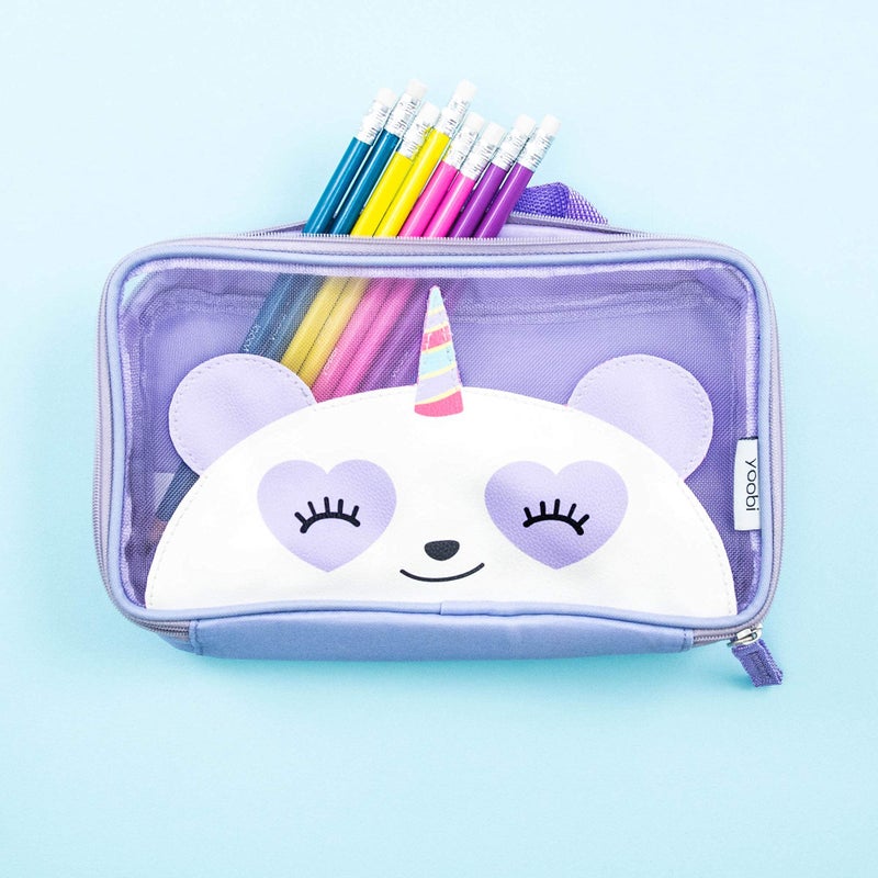 Yoobi Pandacorn Pencil Case – Purple Mesh Cute Pencil Pouch – Pencil Bag w/Carry Handle – Pen Pouch for School or Office – Multifunctional Zippered Pouch Makeup Bag or Toiletries Bag - Image 3