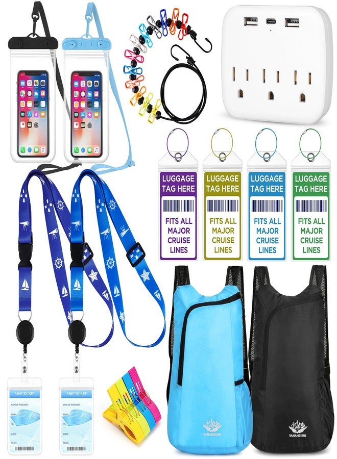 FACULX Cruise Must Haves Includes Cruise Luggage Tags, Cruise Lanyard, Waterproof Phone Bags, Travel Clothesline, Portable Backpack, Towel Clips, Power Strip for Carnival Essentials Kit (Black and Blue) - Image 1
