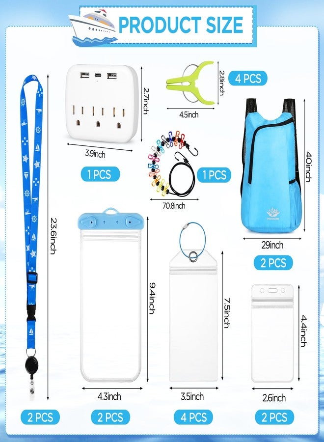 FACULX Cruise Must Haves Includes Cruise Luggage Tags, Cruise Lanyard, Waterproof Phone Bags, Travel Clothesline, Portable Backpack, Towel Clips, Power Strip for Carnival Essentials Kit (Black and Blue) - Image 3