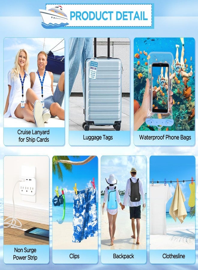 FACULX Cruise Must Haves Includes Cruise Luggage Tags, Cruise Lanyard, Waterproof Phone Bags, Travel Clothesline, Portable Backpack, Towel Clips, Power Strip for Carnival Essentials Kit (Black and Blue) - Image 4
