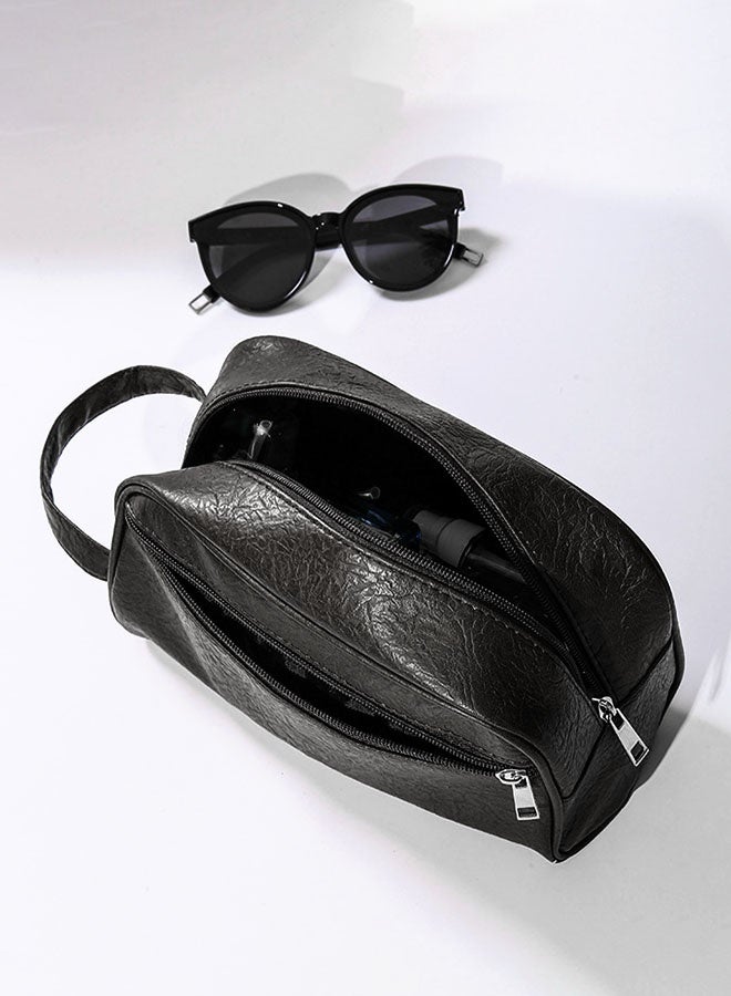 حقيبة أدوات الزينة المحمولة كبيرة الحجم للجنسين، مقاومة للماء، حقيبة سفر محمولة، مصنوعة من الجلد بلون سادة، حقائب يد مستحضرات تجميل للنساء، محفظة هاتف، حقيبة معصم للرجال - Image 2