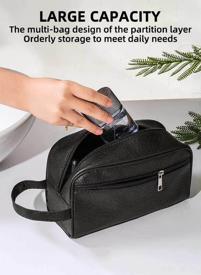 حقيبة أدوات الزينة المحمولة كبيرة الحجم للجنسين، مقاومة للماء، حقيبة سفر محمولة، مصنوعة من الجلد بلون سادة، حقائب يد مستحضرات تجميل للنساء، محفظة هاتف، حقيبة معصم للرجال - Image 3