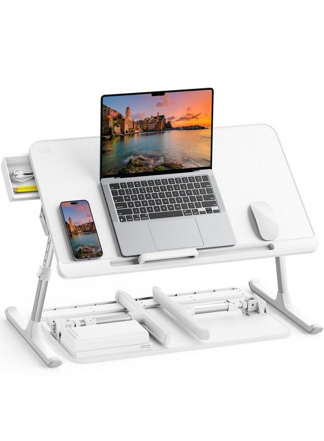SAIJI Laptop Bed Tray Table Adjustable Pvc Leather Laptop Bed Table Portable Standing Desk With Storage Drawer Foldable Lap Tablet Table For Sofa Couch Floor (Largewhite) - Image 1