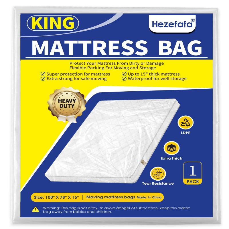 HEZEFAFA 1PK King Size Mattress Bag for Moving and Storage, Thick Plastic Mattress Protector Cover, Tear Risistance Mattress Bags for Moving King 100 x 78 x 15 inches - Image 1