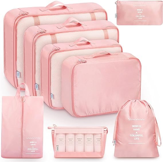 FLYNGO Nylon 8 Pcs Travel Organizer Pouch Packing Cubes For Clothes Space Savers Bags Cosmetics/Underwear/Socks/Shoes Toiletry Bag Laundry Organiser(Pink) - Image 1