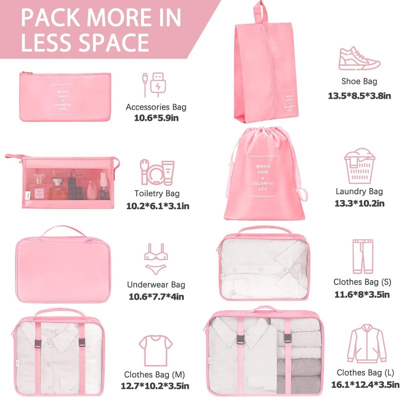 FLYNGO Nylon 8 Pcs Travel Organizer Pouch Packing Cubes For Clothes Space Savers Bags Cosmetics/Underwear/Socks/Shoes Toiletry Bag Laundry Organiser(Pink) - Image 2
