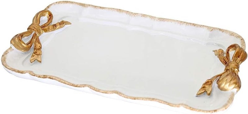 Warmtree Vintage Jewelry Organizer, Decorative Tray for Jewelry, Towel, Storage, Rings, Bracelets, Earrings, Cosmetics, Retro Design, Bow Decor Resin Plate Coquette for Room Decor, White - Image 1