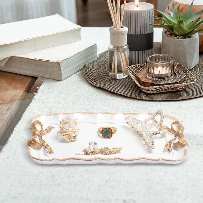 Warmtree Vintage Jewelry Organizer, Decorative Tray for Jewelry, Towel, Storage, Rings, Bracelets, Earrings, Cosmetics, Retro Design, Bow Decor Resin Plate Coquette for Room Decor, White - Image 4