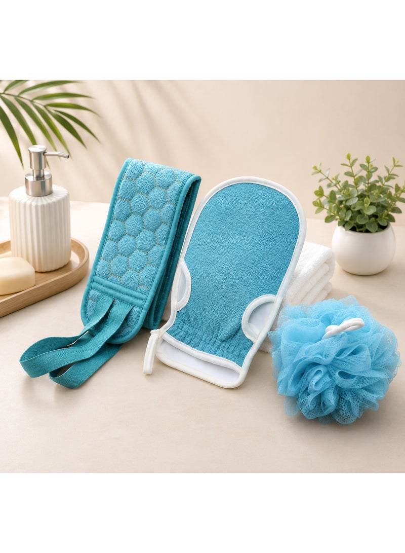 Premium 3-in-1 Bath Accessories Set – Back Scrubber, Exfoliating Glove & Shower Pouf - Image 1