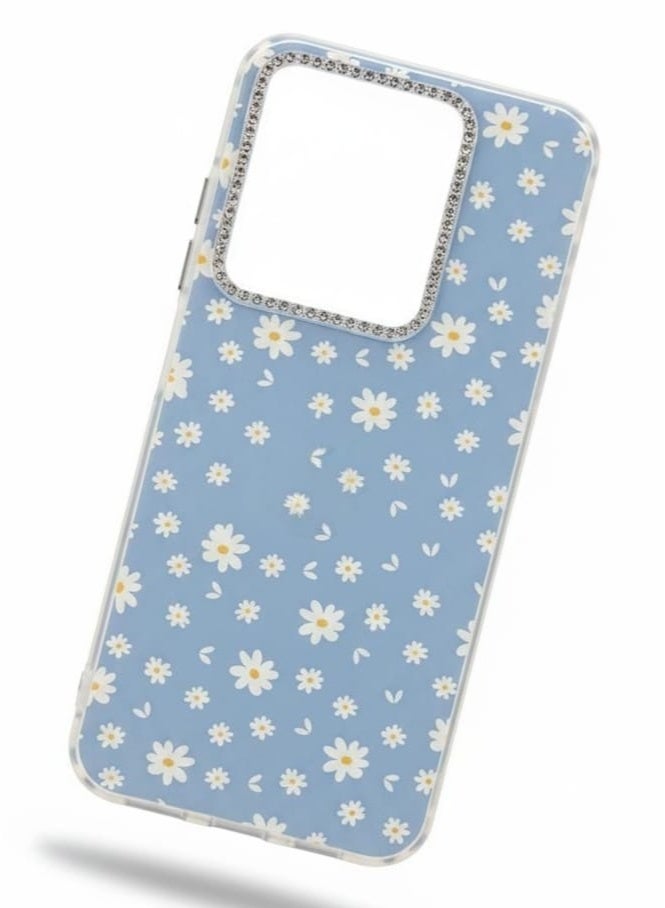 غطاء حماية فاخر لهاتف Infinix Note 50 بلون أزرق هادئ بنقشة زهور رقيقة. - Image 2