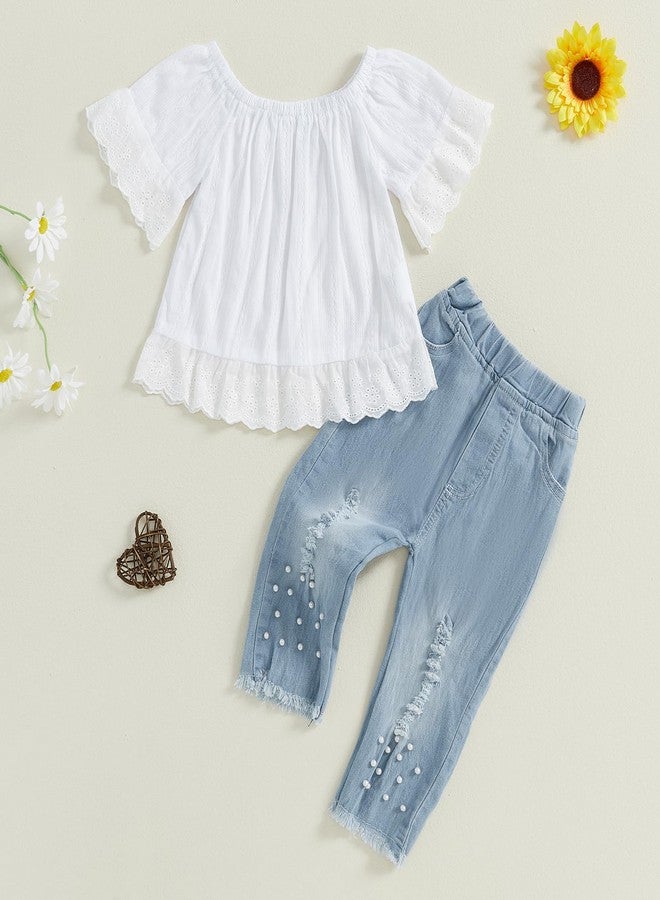 Honganda Toddler Baby Girl Outfit Lace Trim Short Sleeve Shirt + Pearls Decor Elastic Waist Jean Pants 2Pcs Clothes Set (White, 1-2T) - Image 2