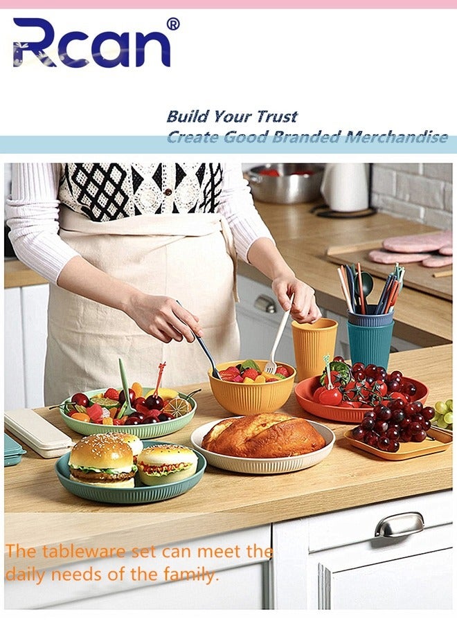 ركان طقم أدوات مائدة من قش القمح، 52 قطعة من أدوات المائدة، مجموعة أدوات مائدة قابلة لإعادة الاستخدام وغير قابلة للكسر للأطفال والكبار، آمنة للاستخدام في الميكروويف وغسالة الأطباق، أطباق وأكواب وأوعية، لمطبخ السكن الجامعي والنزهات والسيارات الترفيهية - Image 3