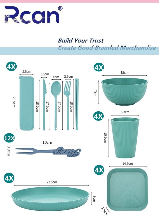 ركان طقم أدوات مائدة من قش القمح، 52 قطعة من أدوات المائدة، مجموعة أدوات مائدة قابلة لإعادة الاستخدام وغير قابلة للكسر للأطفال والكبار، آمنة للاستخدام في الميكروويف وغسالة الأطباق، أطباق وأكواب وأوعية، لمطبخ السكن الجامعي والنزهات والسيارات الترفيهية - Image 4