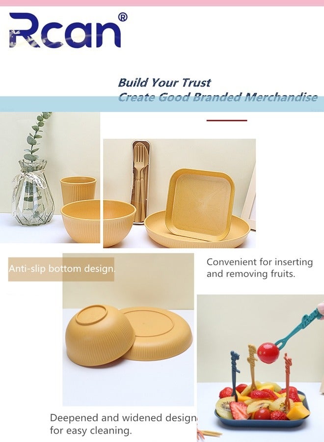 ركان طقم أدوات مائدة من قش القمح، 52 قطعة من أدوات المائدة، مجموعة أدوات مائدة قابلة لإعادة الاستخدام وغير قابلة للكسر للأطفال والكبار، آمنة للاستخدام في الميكروويف وغسالة الأطباق، أطباق وأكواب وأوعية، لمطبخ السكن الجامعي والنزهات والسيارات الترفيهية - Image 5