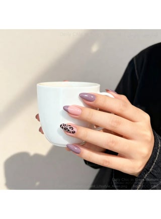 Almond Press On Nails Nude Pink Mauve Leopard Accent Glossy Fake Nails Full Cover Artificial Nails Reusable Stick On Nails Acrylic Nail Tips Soft Gel Nail Set Stylish Elegant Nails for Women Casual Office Party Wedding Long Wear Salon Finish - view 5